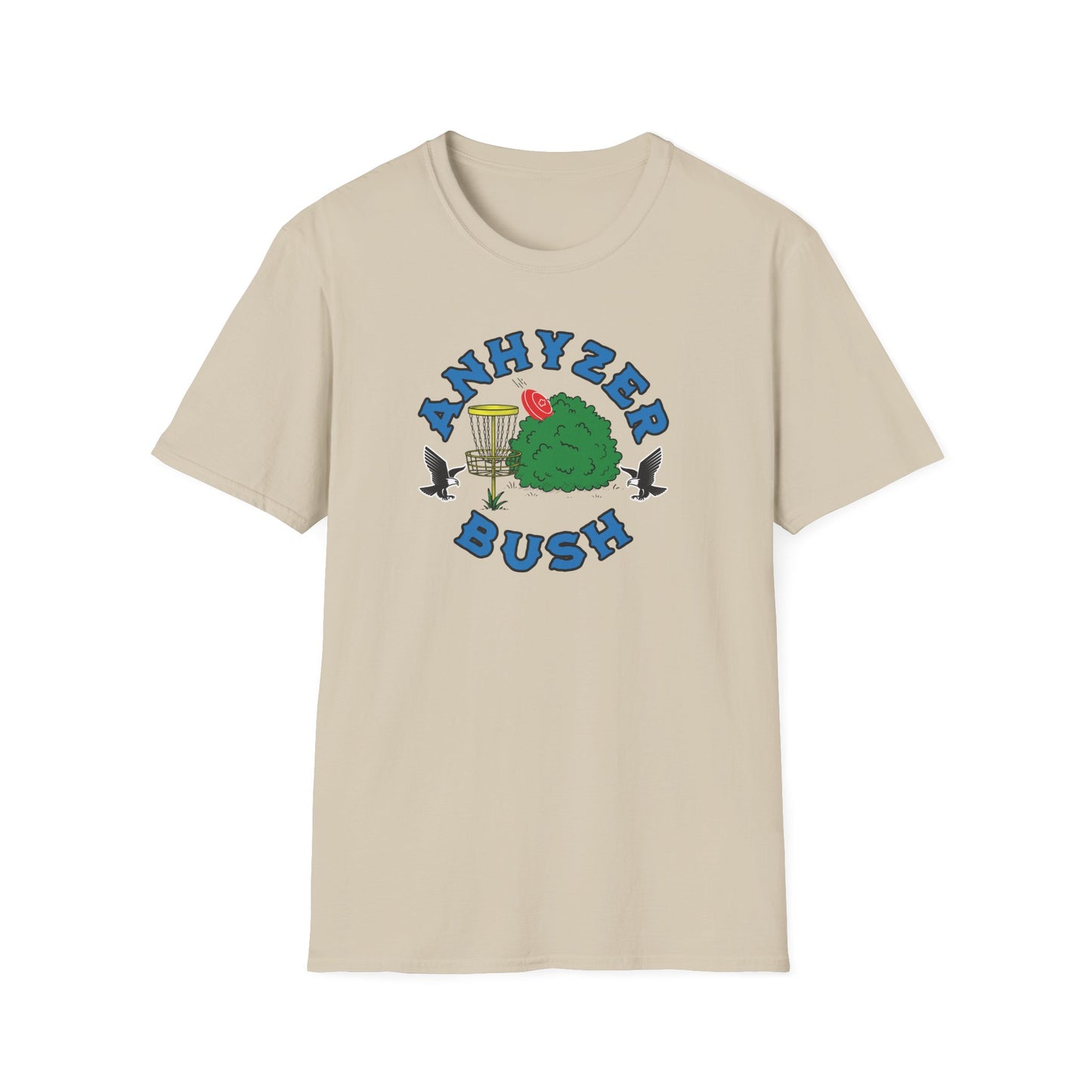Beige disc golf t-shirt with grahic showing an anhyzer throw going into a bush, the text says anhyzer bush.
