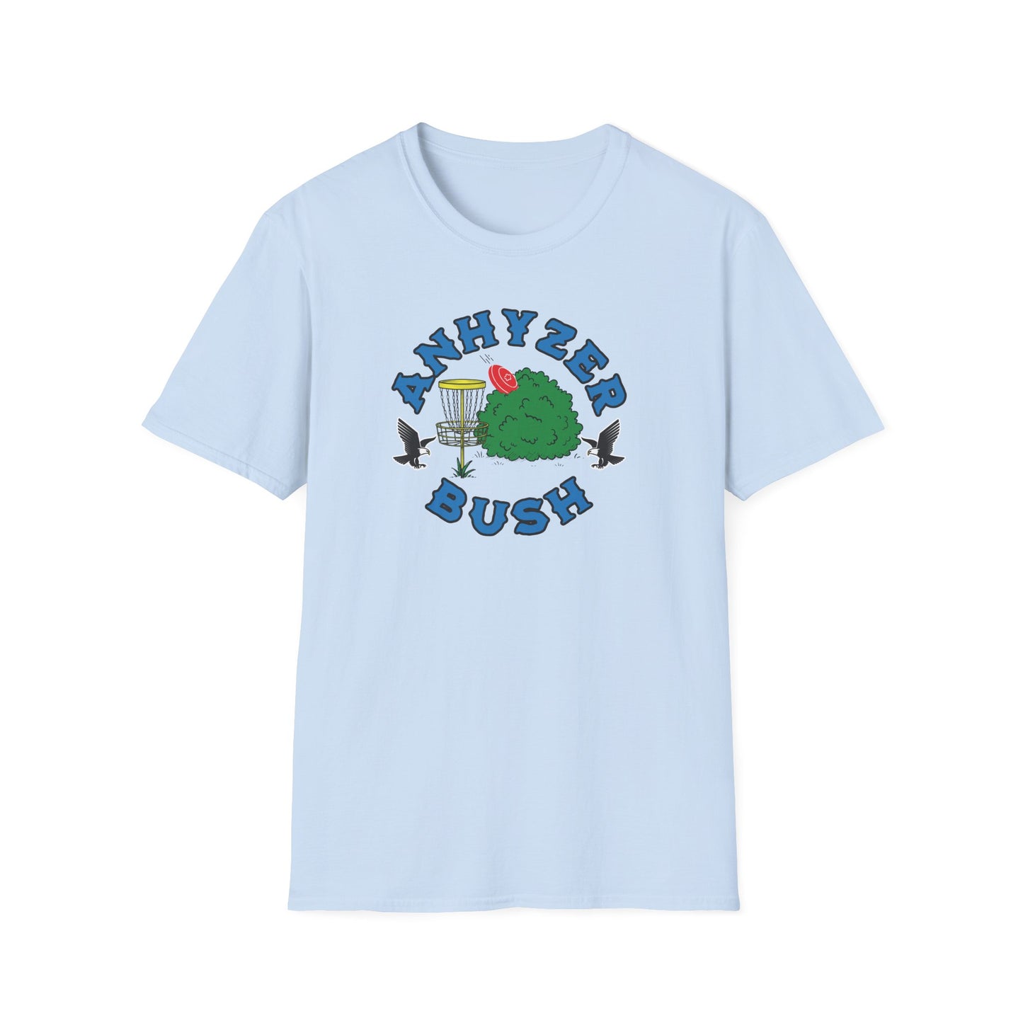 Light blue disc golf t-shirt with grahic showing an anhyzer throw going into a bush, the text says anhyzer bush.