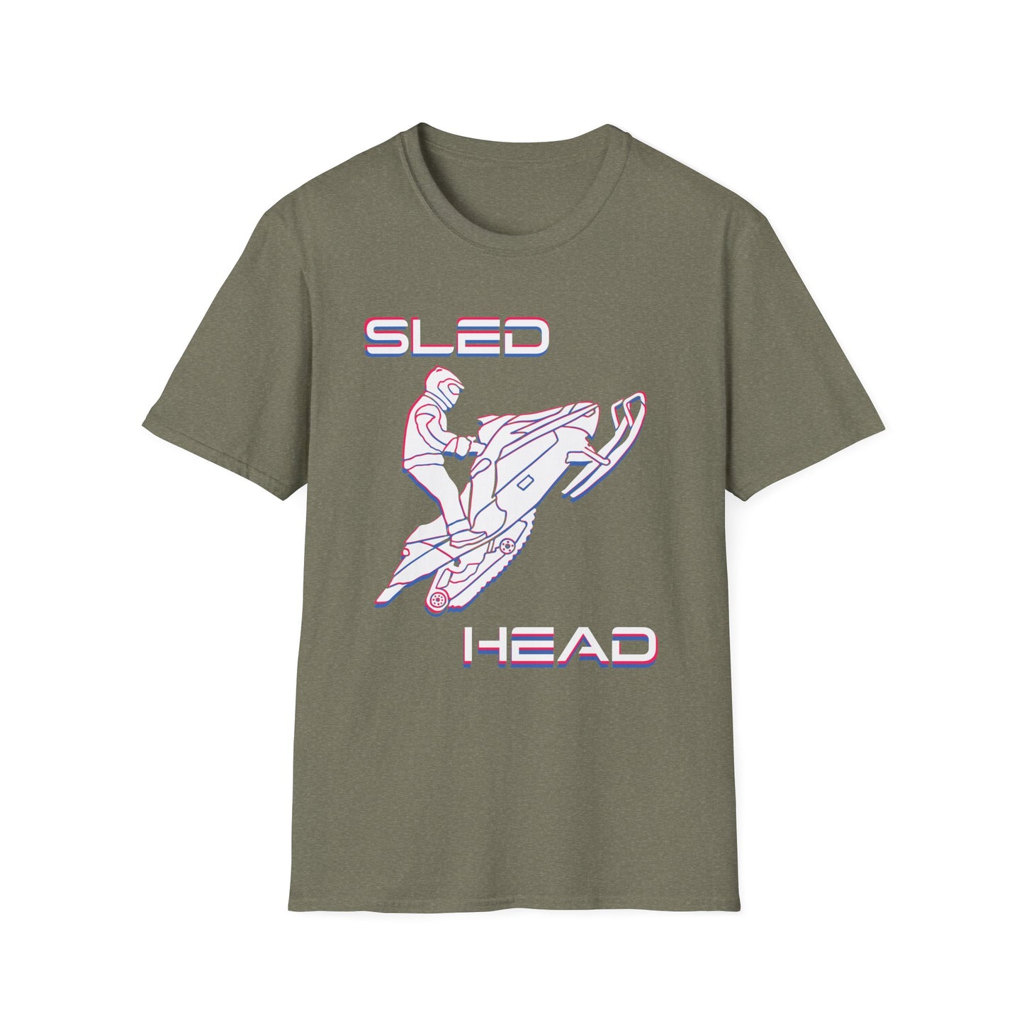 Sled Head snowmobiling graphic t-shirt in heather military green.