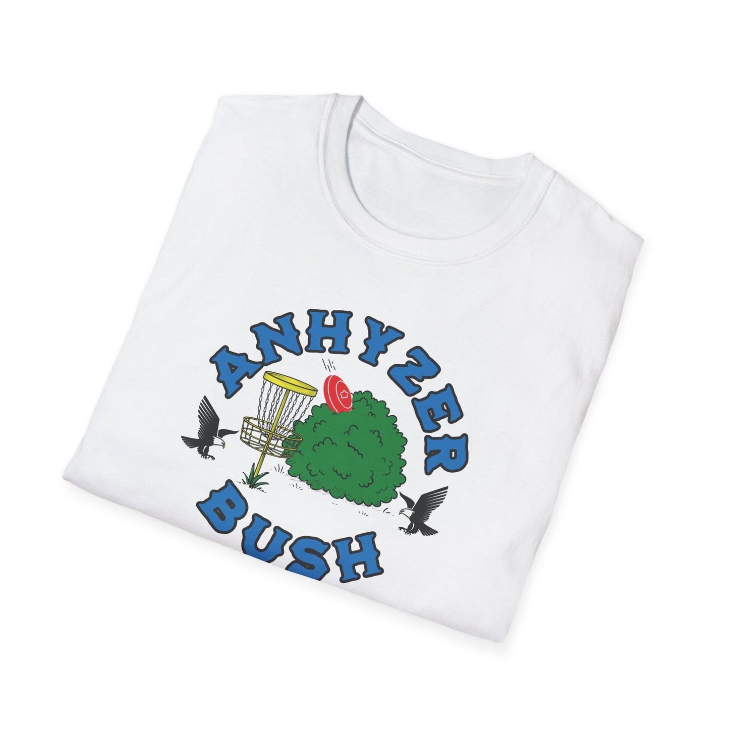 Folded white disc golf t-shirt with grahic showing an anhyzer throw going into a bush, the text says anhyzer bush.