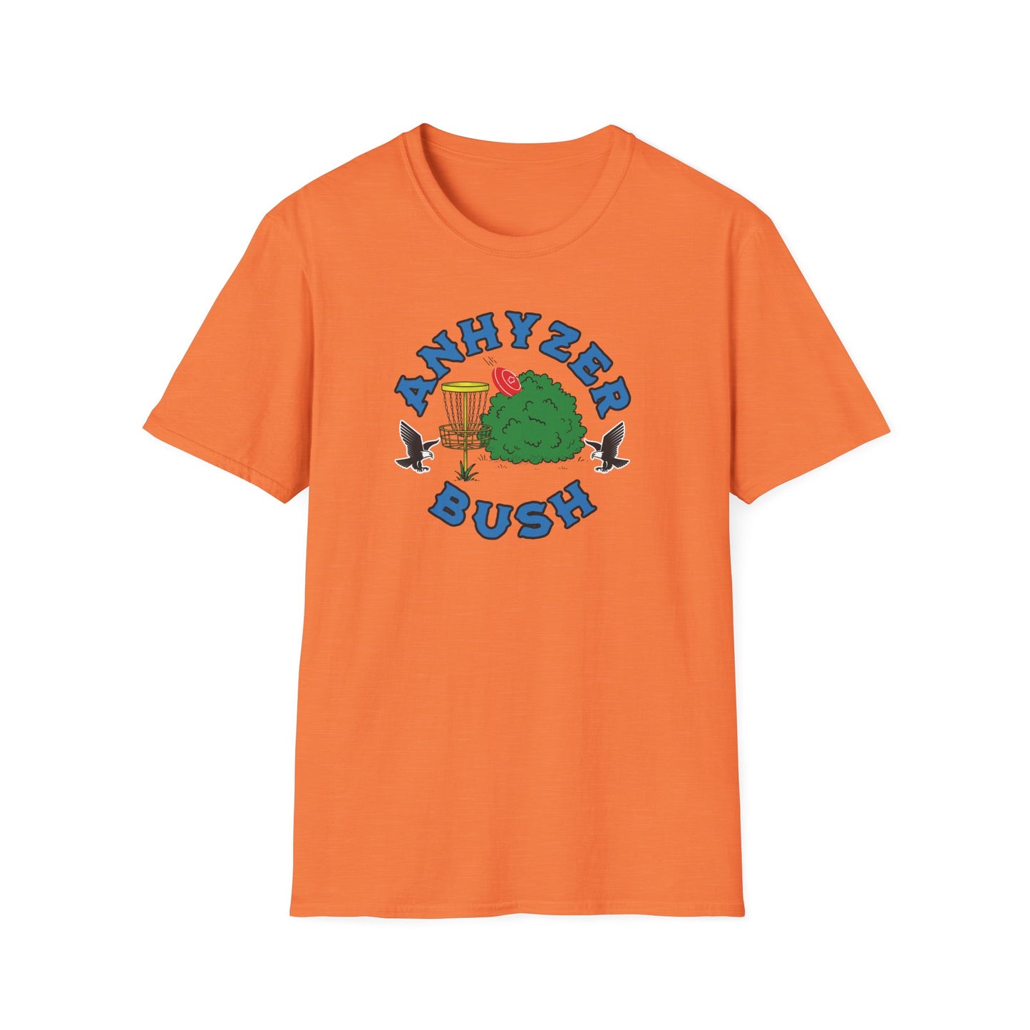 Orange disc golf t-shirt with grahic showing an anhyzer throw going into a bush, the text says anhyzer bush.