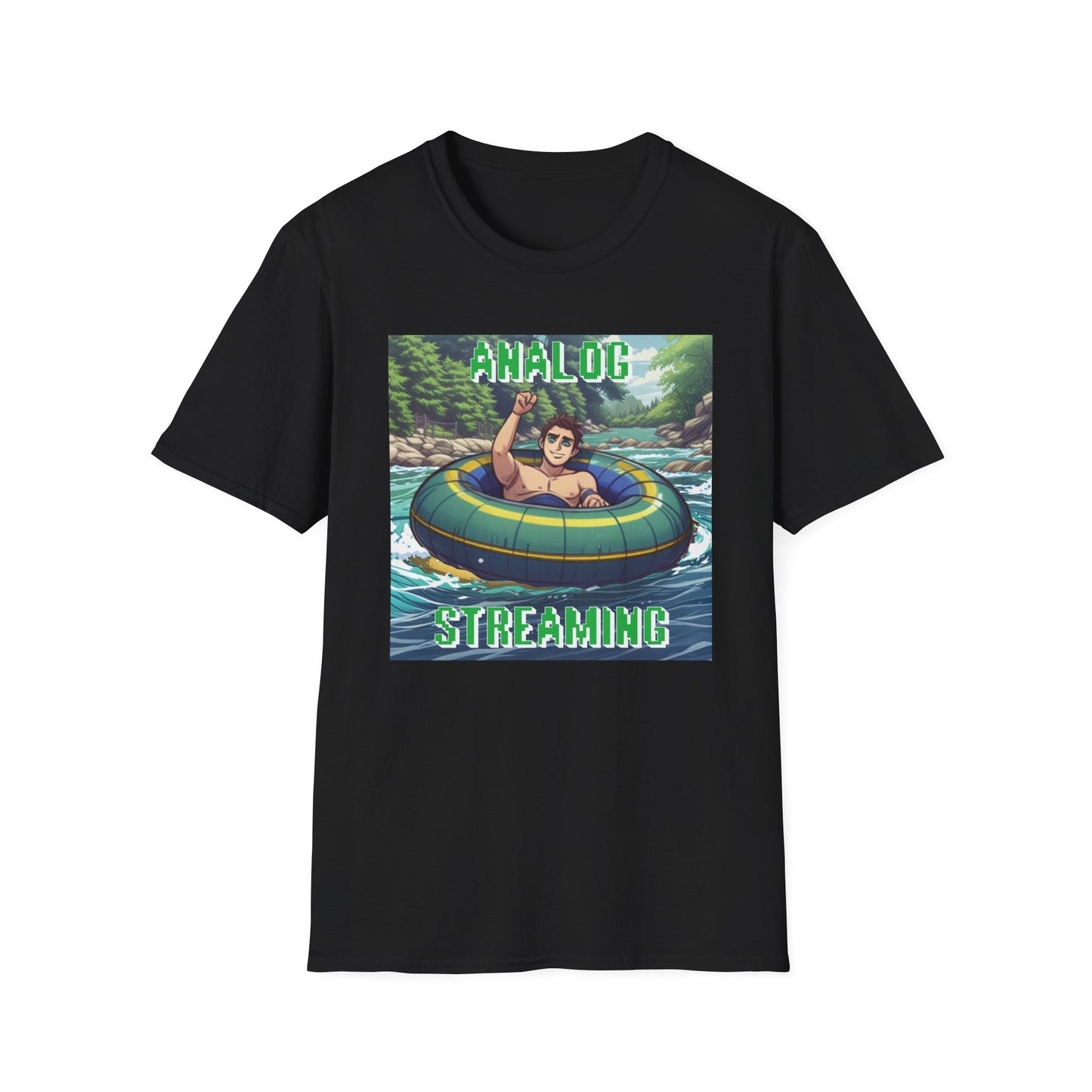 River tubing graphic t-shirt in anime style with analog streaming text, black shirt.