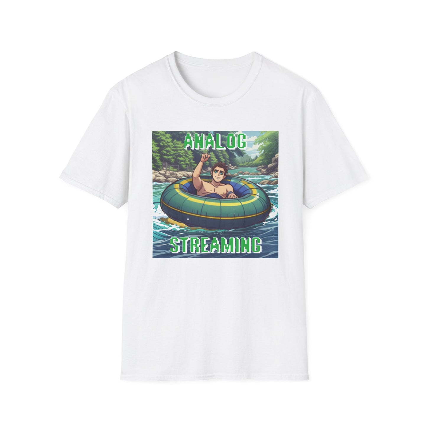 River tubing graphic t-shirt in anime style with analog streaming text, white shirt.