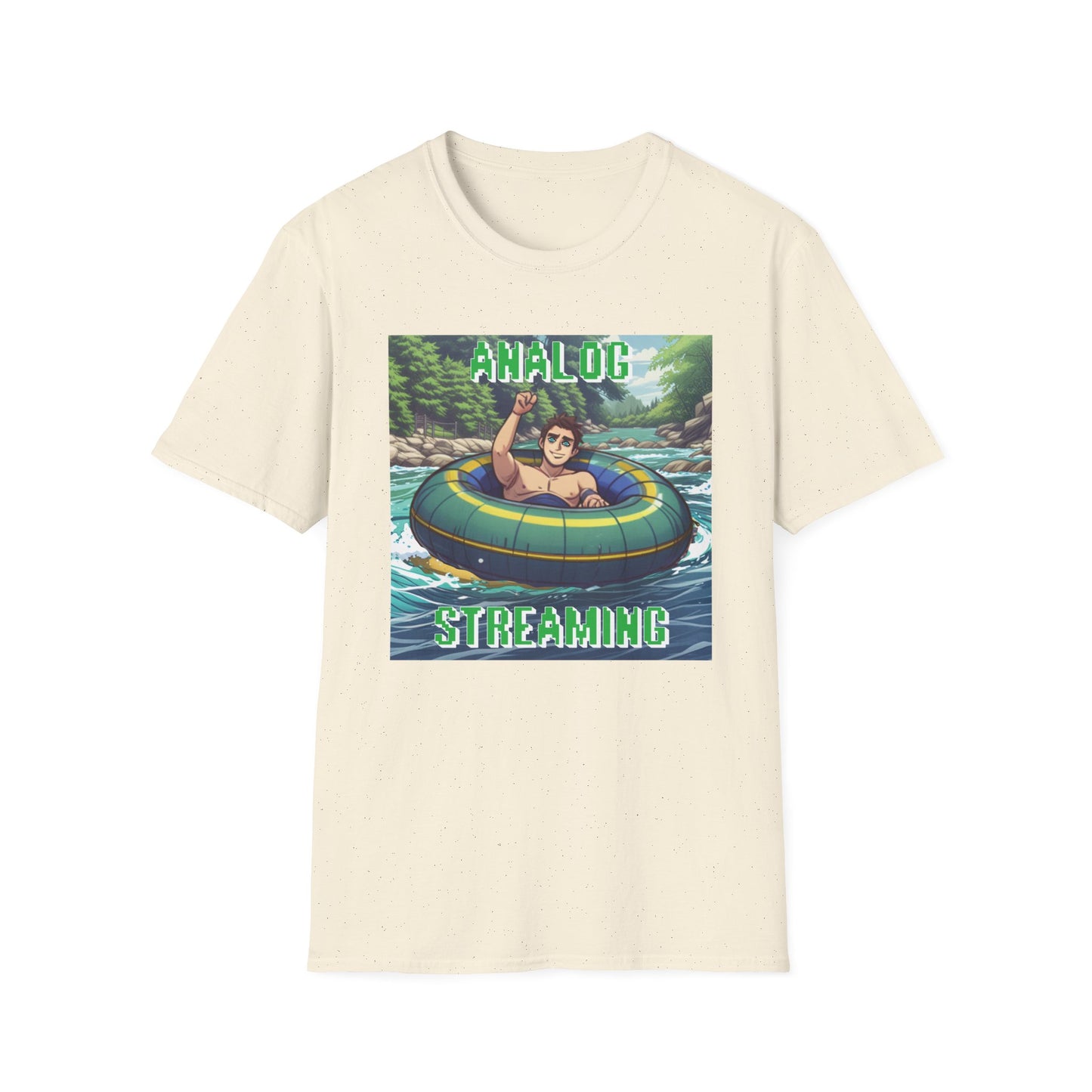 River tubing graphic t-shirt in anime style with analog streaming text, beige shirt.
