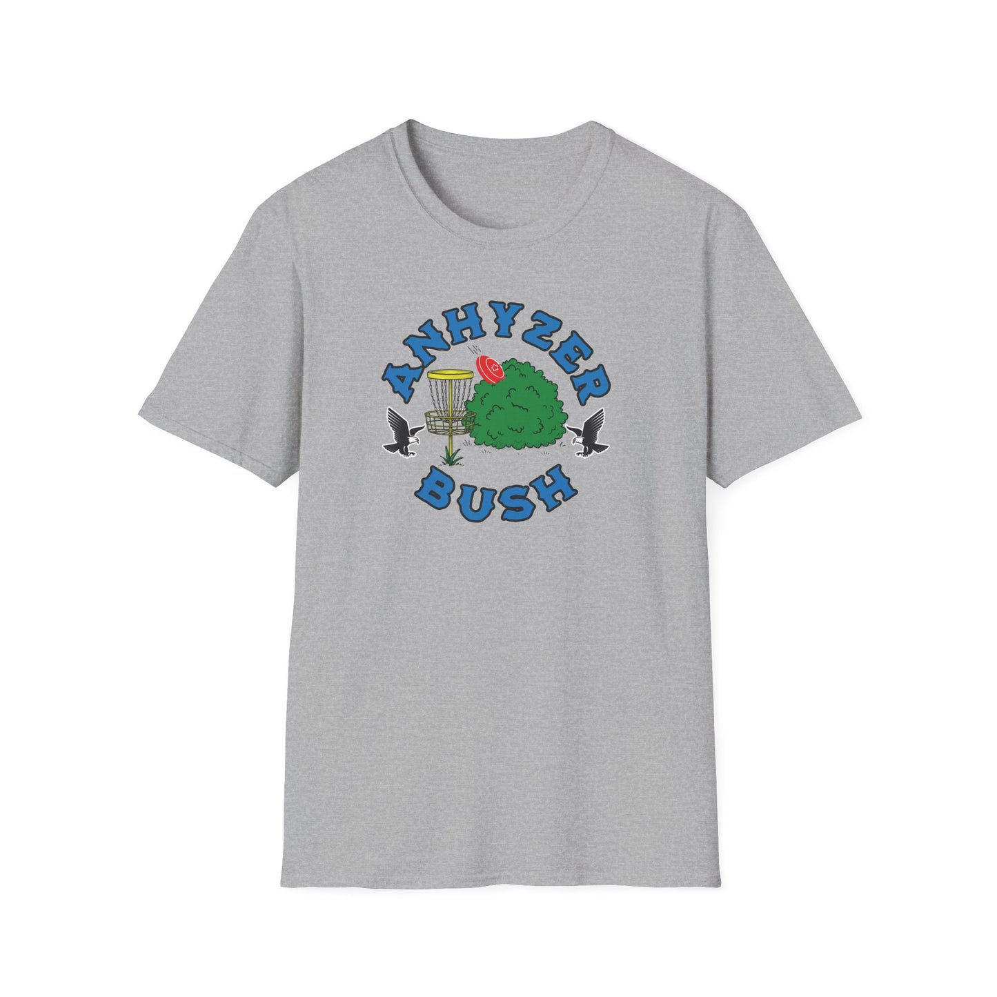 Grey disc golf t-shirt with grahic showing an anhyzer throw going into a bush, the text says anhyzer bush.