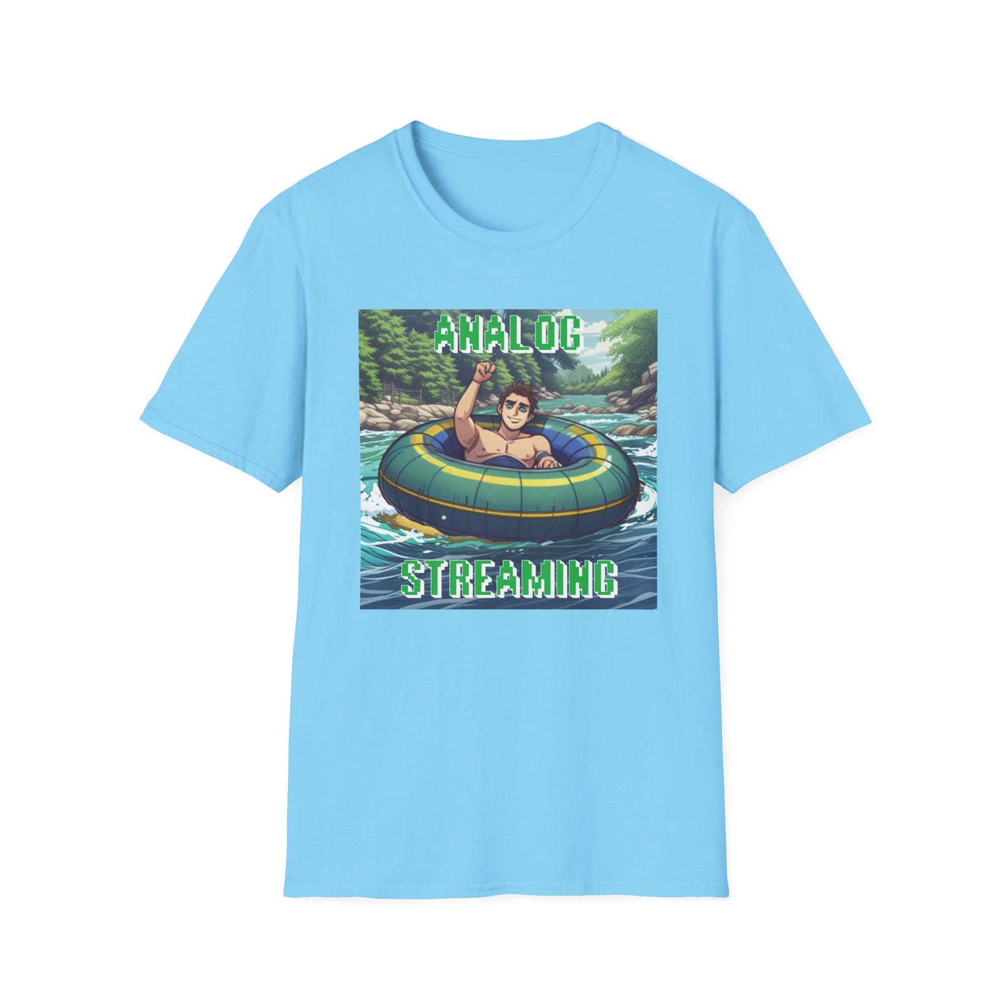River tubing graphic t-shirt in anime style with analog streaming text, light blue shirt.
