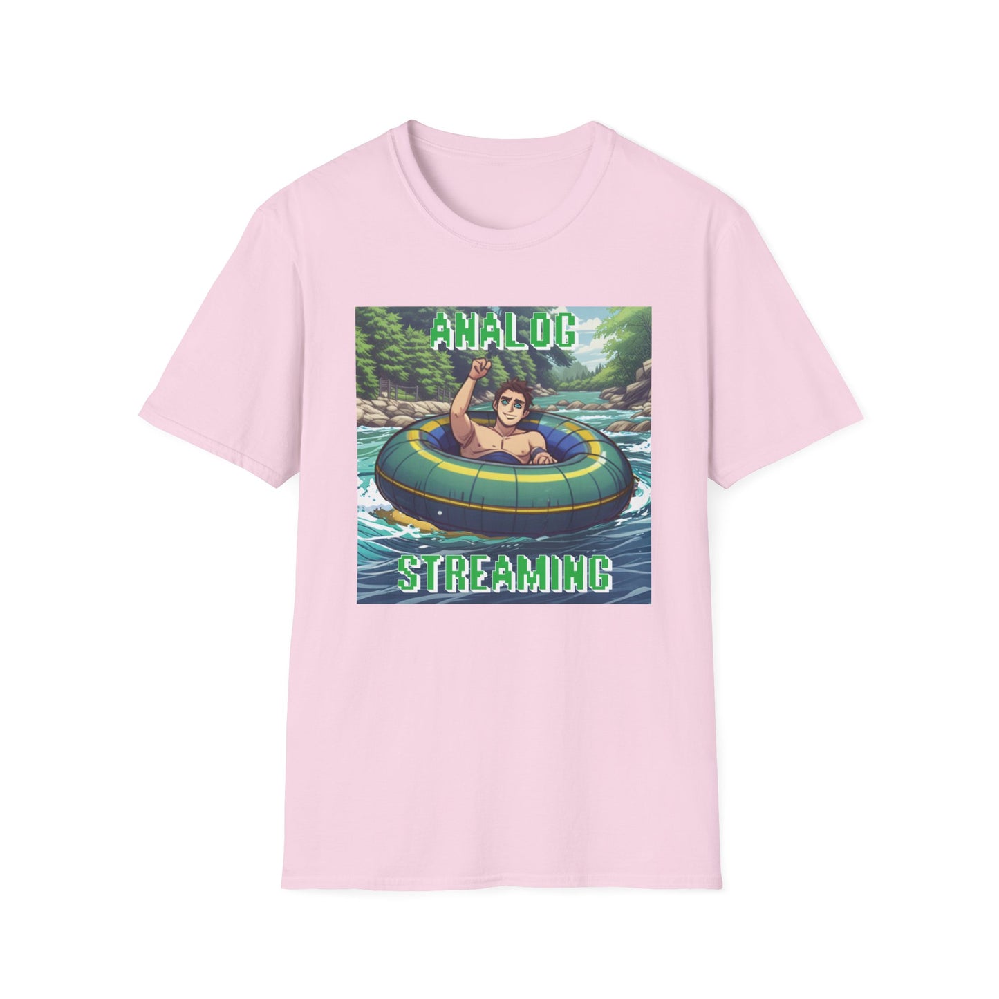 River tubing graphic t-shirt in anime style with analog streaming text, light pink shirt.