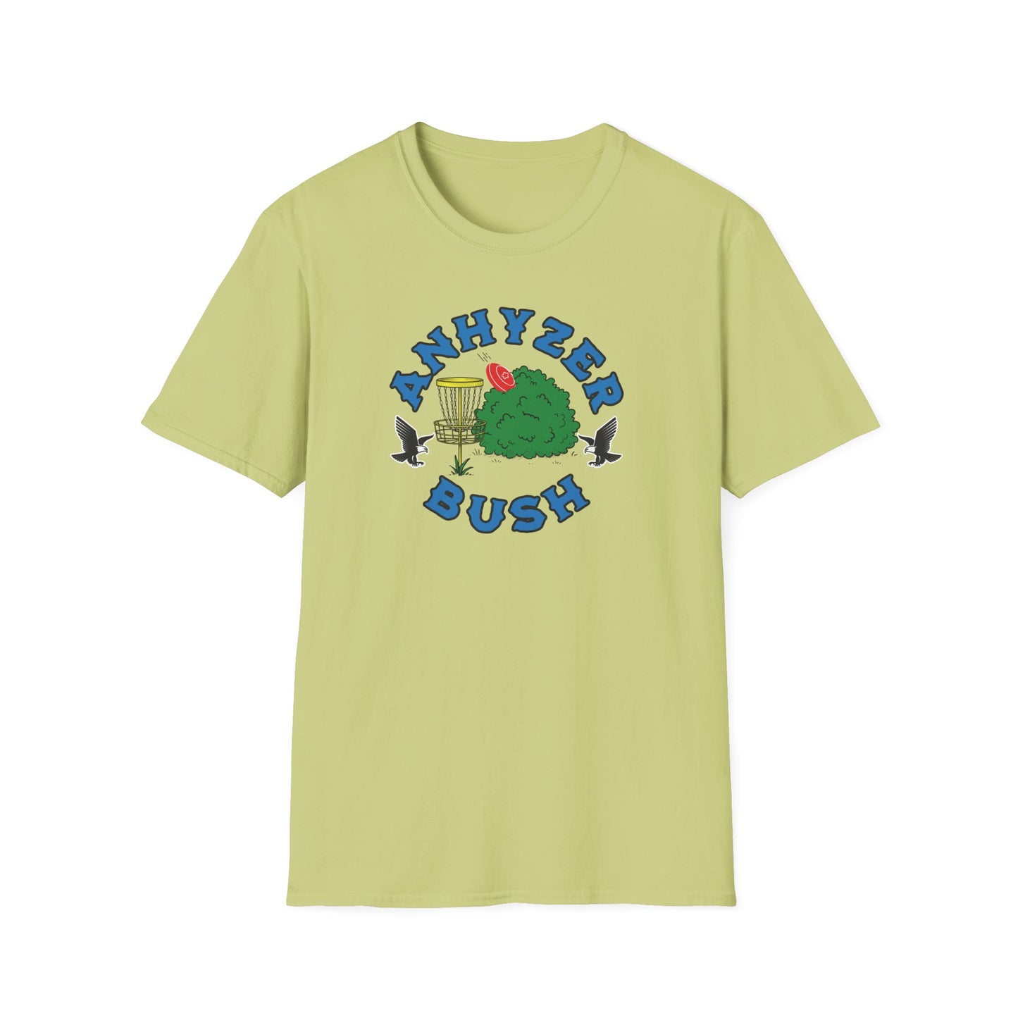 Pistacchio disc golf t-shirt with grahic showing an anhyzer throw going into a bush, the text says anhyzer bush.