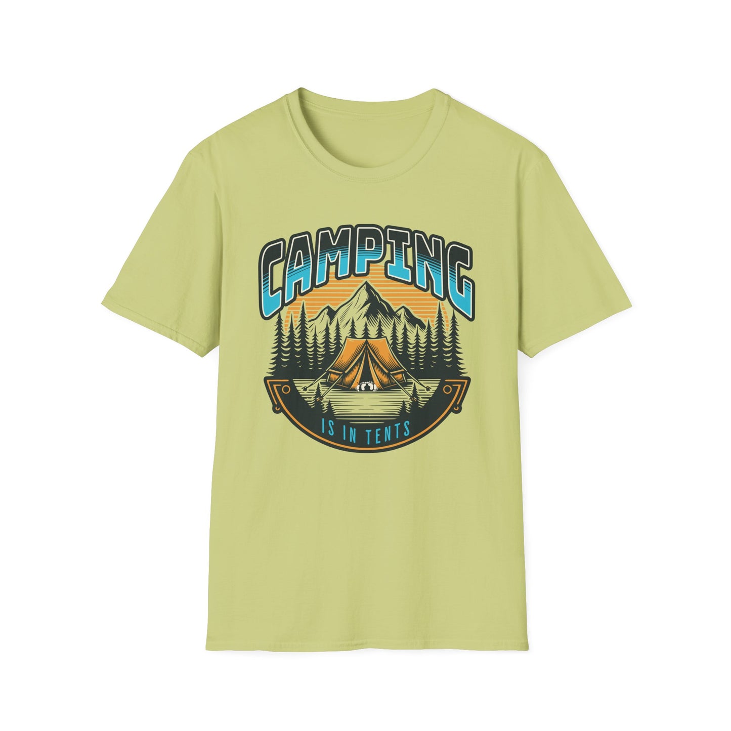 Pistachio green graphic t-shirt depicting a couple in a tent in the mountains, text says camping is in tents.