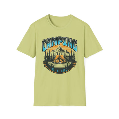 Pistachio green graphic t-shirt depicting a couple in a tent in the mountains, text says camping is in tents.