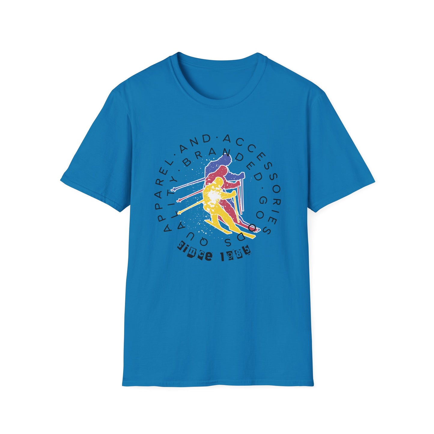 Blue graphic t-shirt of '80s retro skier.