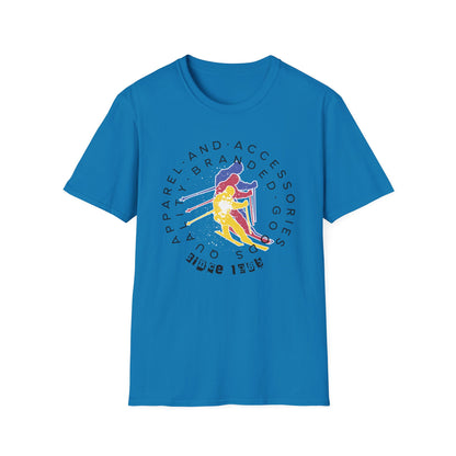 Blue graphic t-shirt of '80s retro skier.