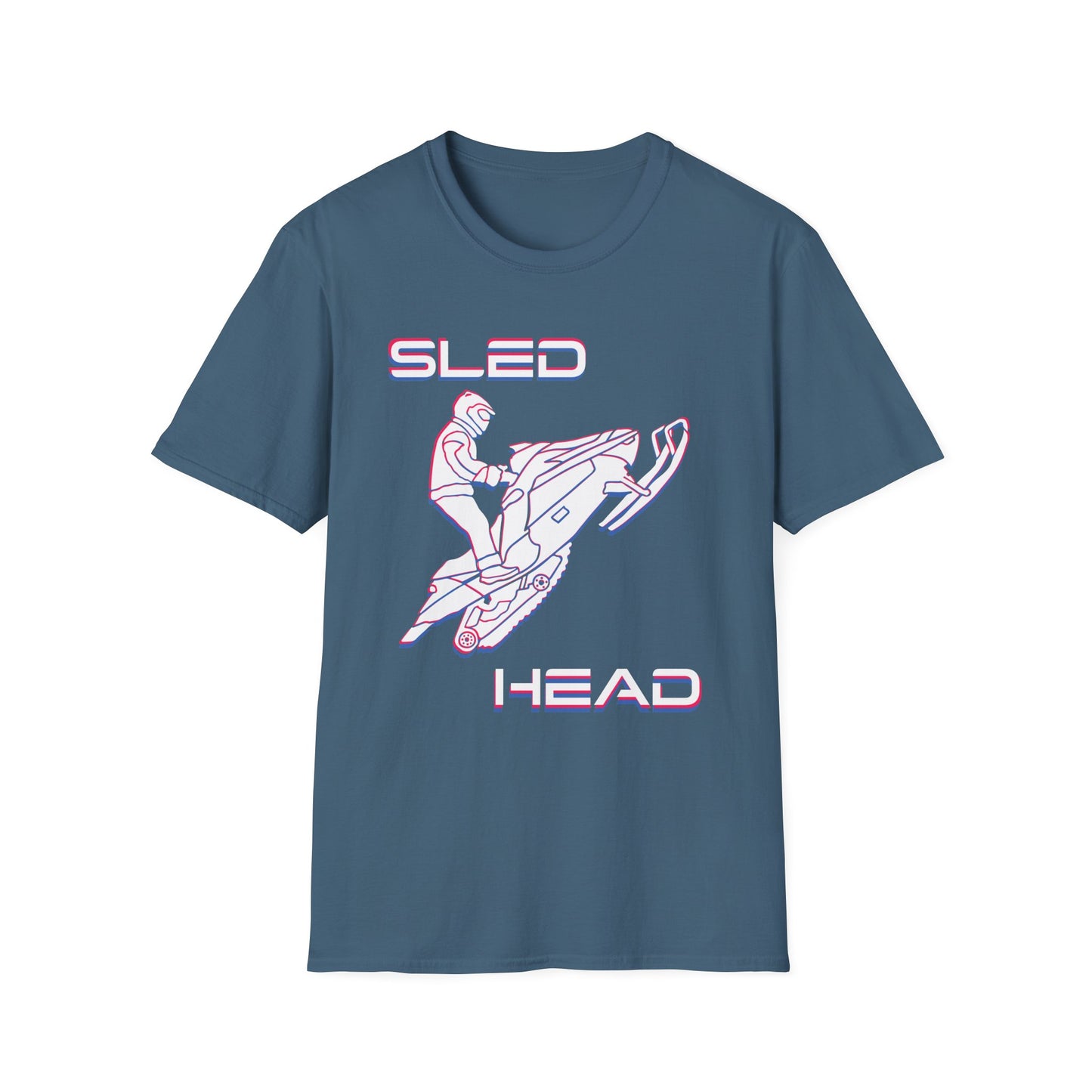 Sled Head snowmobiling graphic t-shirt in deep blue.