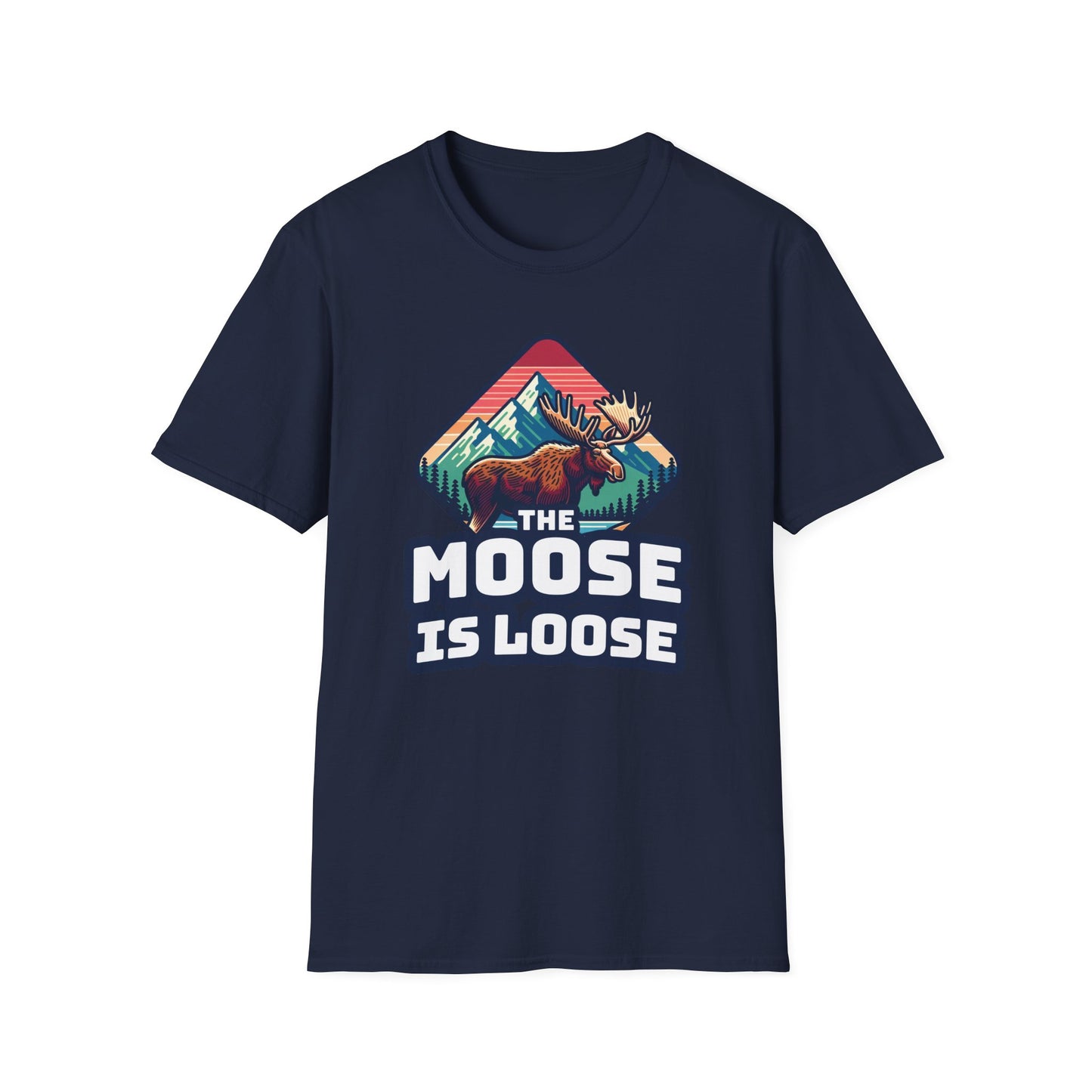 The Moose Is Loose graphic t-shirt in navy blue.