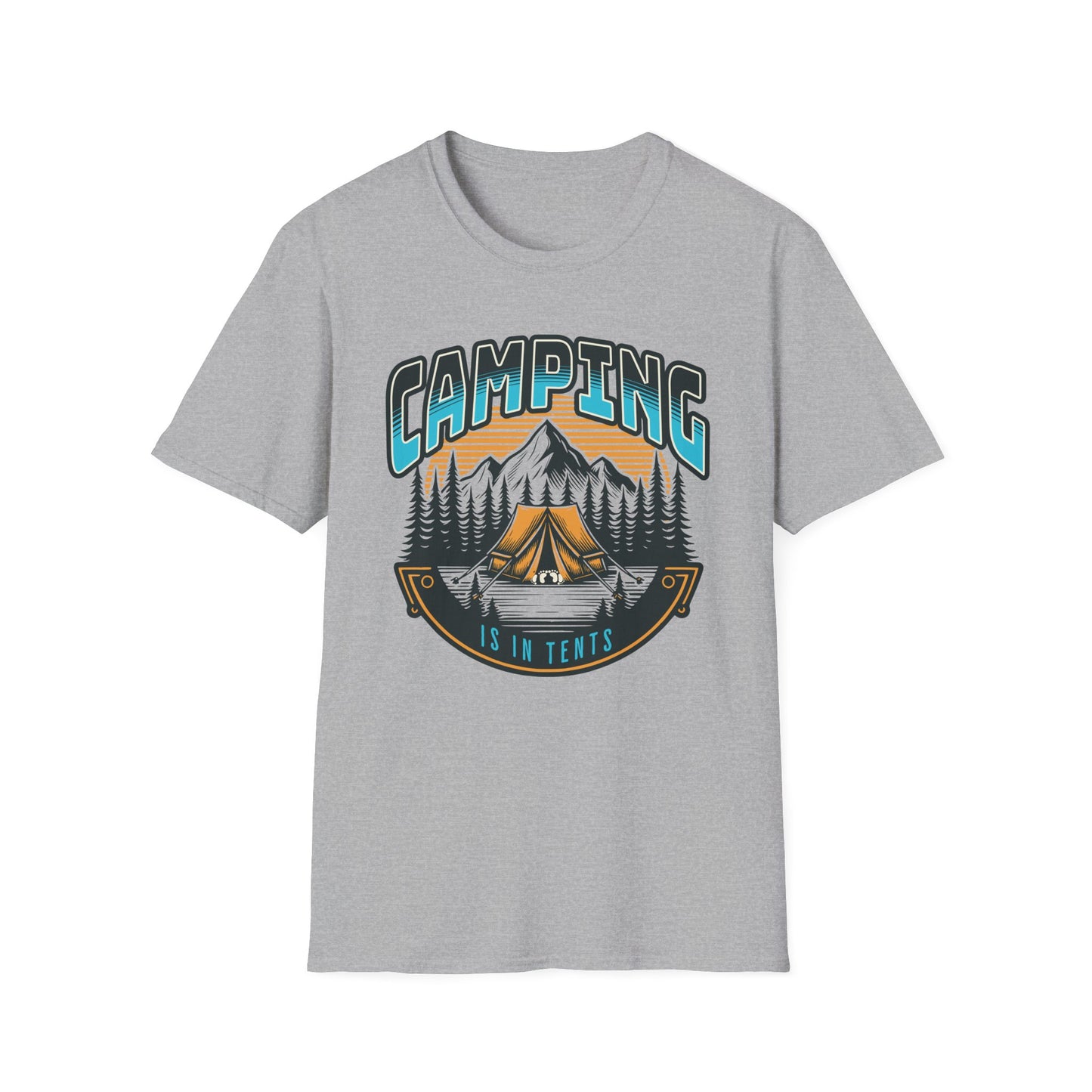 Sport grey graphic t-shirt depicting a couple in a tent in the mountains, text says camping is in tents.