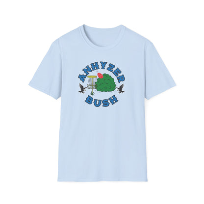 Light blue disc golf t-shirt with grahic showing an anhyzer throw going into a bush, the text says anhyzer bush.