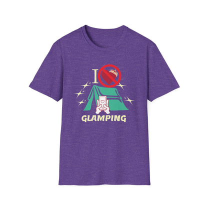 I Hate Glamping graphic T-shirt with fancy script, sparkles, and a tent on a heather purple shirt.