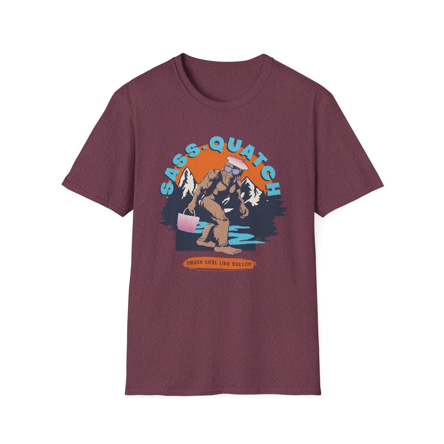 Maroon Sass-quatch graphic t-shirt showing a stylish Big Foot walking by a mountain stream.