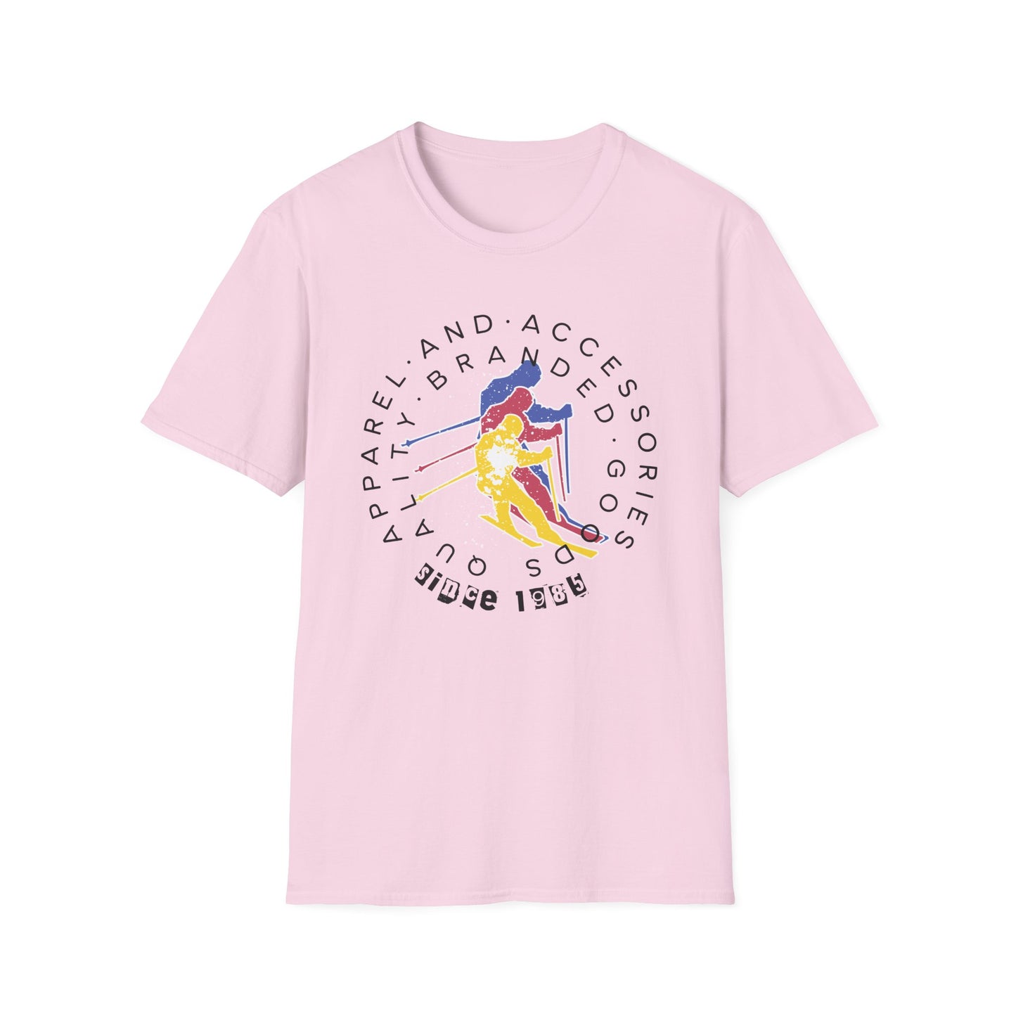 Pink graphic t-shirt of '80s retro skier.