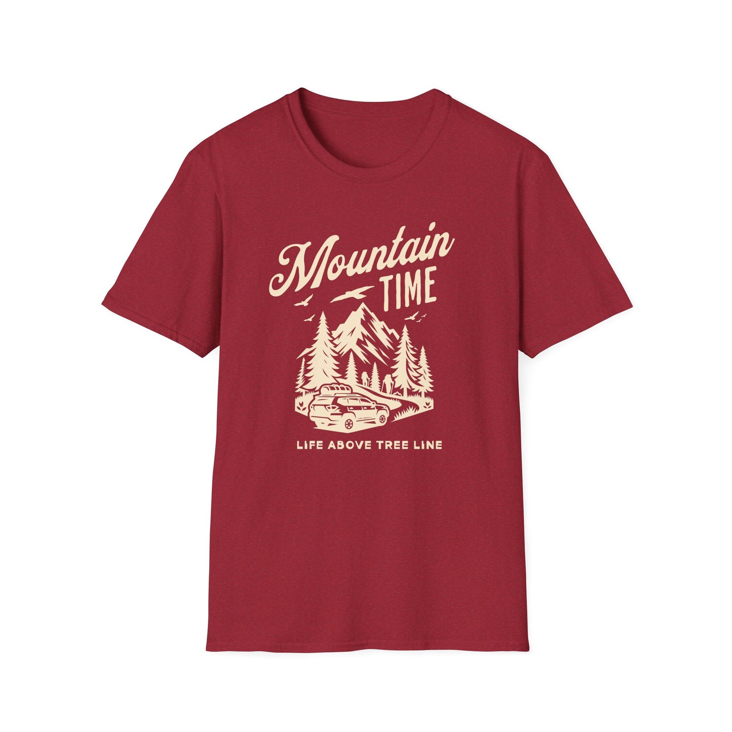 Mountain Time - Life Above Tree Line deep  red graphic t-shirt depicting a Subaru heading up a mountain road.