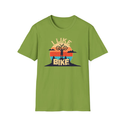 I like bike graphic t-shirt depicting a person holding a bike over their head on top of a hill with a retro sun in the background, shirt color bright green.