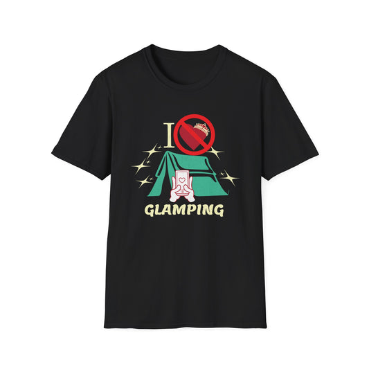 I Hate Glamping graphic T-shirt with fancy script, sparkles, and a tent on a black shirt.