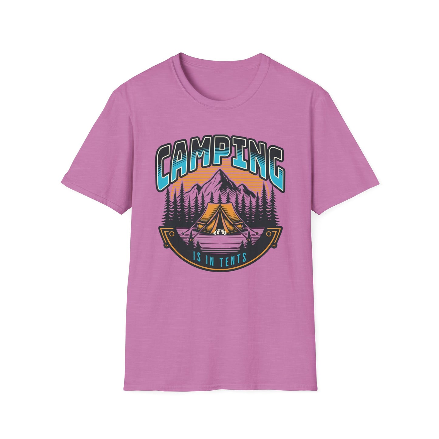 Heather radiant orchid pink graphic t-shirt depicting a couple in a tent in the mountains, text says camping is in tents.