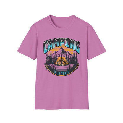 Heather radiant orchid pink graphic t-shirt depicting a couple in a tent in the mountains, text says camping is in tents.