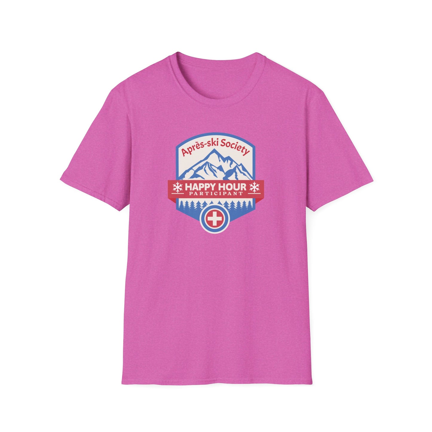 Heather berry colored graphic t-shirt with Swiss style emblem for the Apres-ski Society Happy Hour.