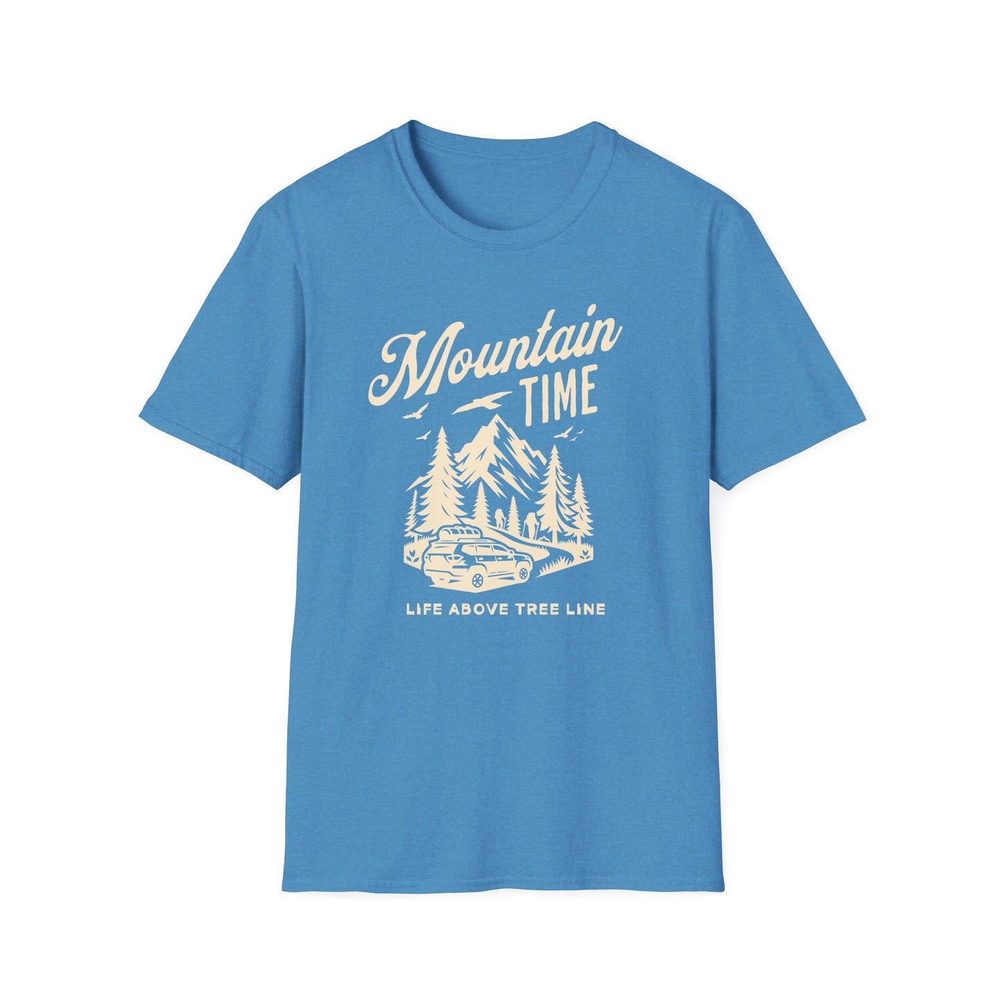 Mountain Time - Life Above Tree Line blue graphic t-shirt depicting a Subaru heading up a mountain road.