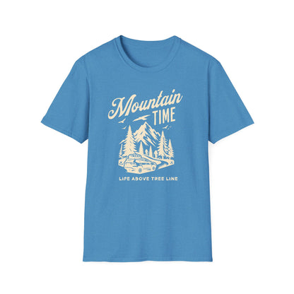 Mountain Time - Life Above Tree Line blue graphic t-shirt depicting a Subaru heading up a mountain road.