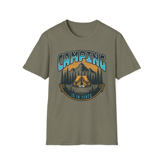 Heather military green graphic t-shirt depicting a couple in a tent in the mountains, text says camping is in tents.