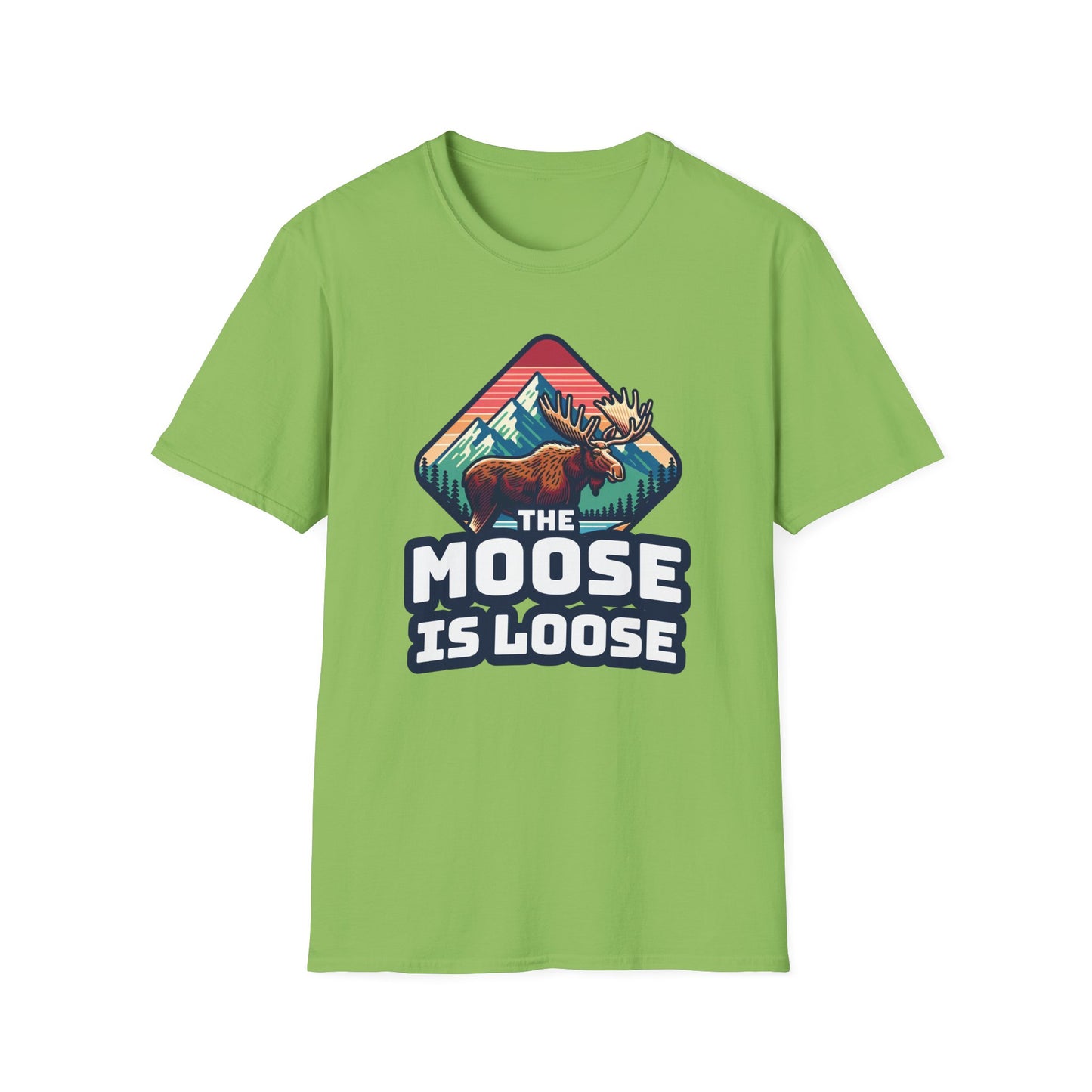 The Moose Is Loose graphic t-shirt in lime green.