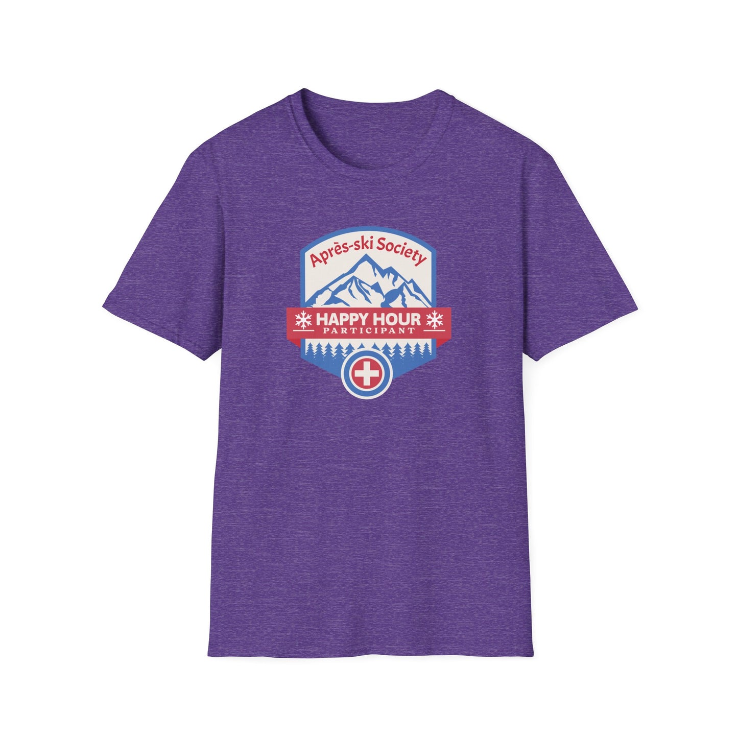 Heather purple graphic t-shirt with Swiss style emblem for the Apres-ski Society Happy Hour.