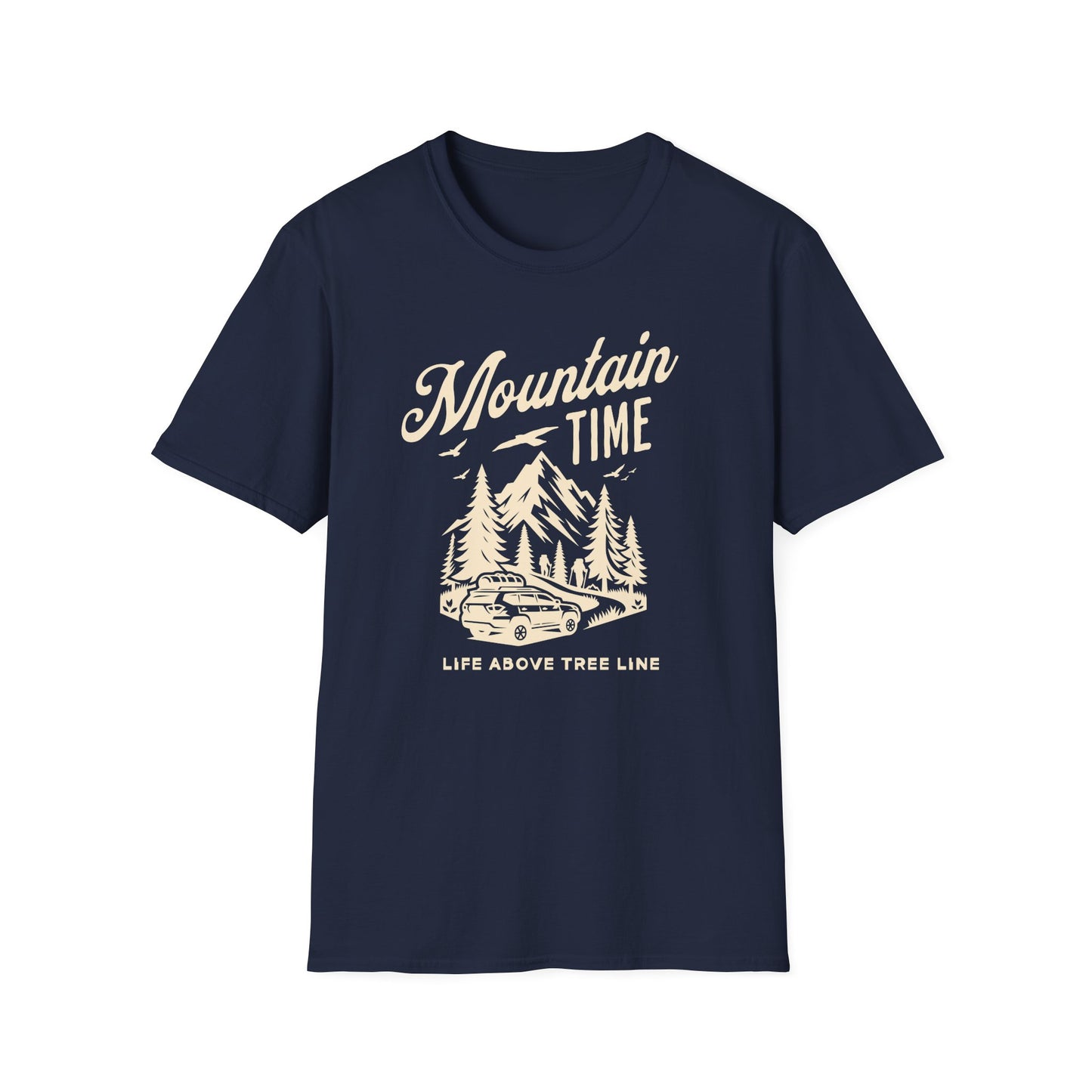 Mountain Time - Life Above Tree Line navy blue graphic t-shirt depicting a Subaru heading up a mountain road.