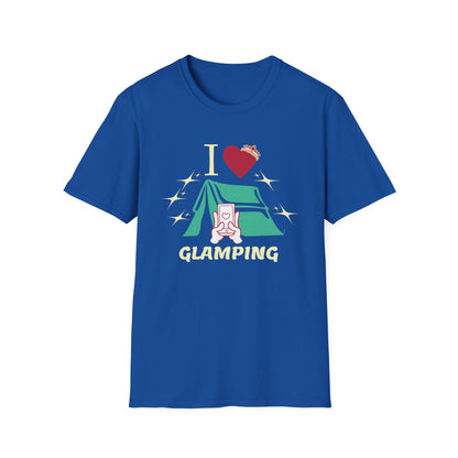 I Love Glamping graphic T-shirt with fancy script, a heart, sparkles, and a tent on a blue shirt.