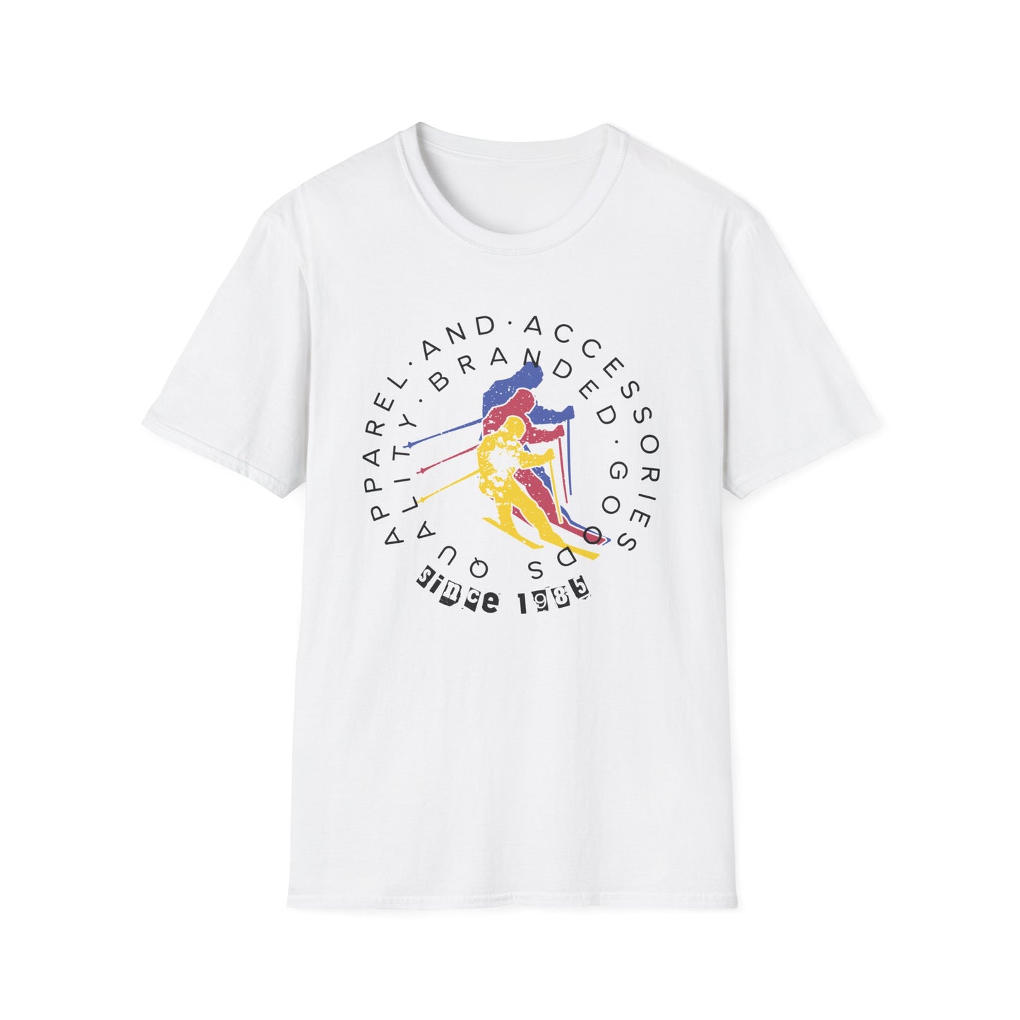 White graphic t-shirt of '80s retro skier.