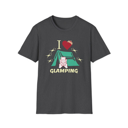 I Love Glamping graphic T-shirt with fancy script, a heart, sparkles, and a tent on a dark grey shirt.