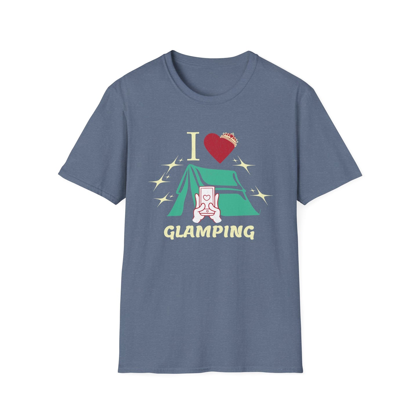 I Love Glamping graphic T-shirt with fancy script, a heart, sparkles, and a tent on a grey shirt.