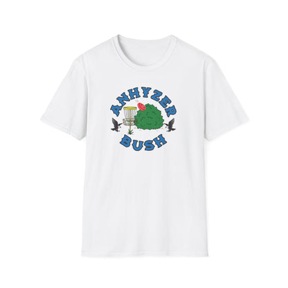 White disc golf t-shirt with grahic showing an anhyzer throw going into a bush, the text says anhyzer bush.