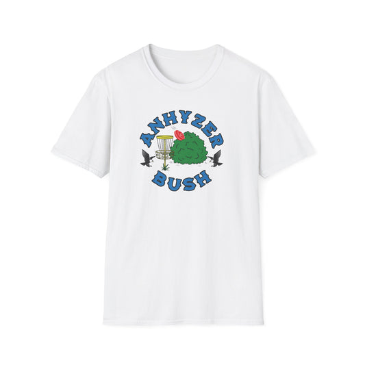 White disc golf t-shirt with grahic showing an anhyzer throw going into a bush, the text says anhyzer bush.
