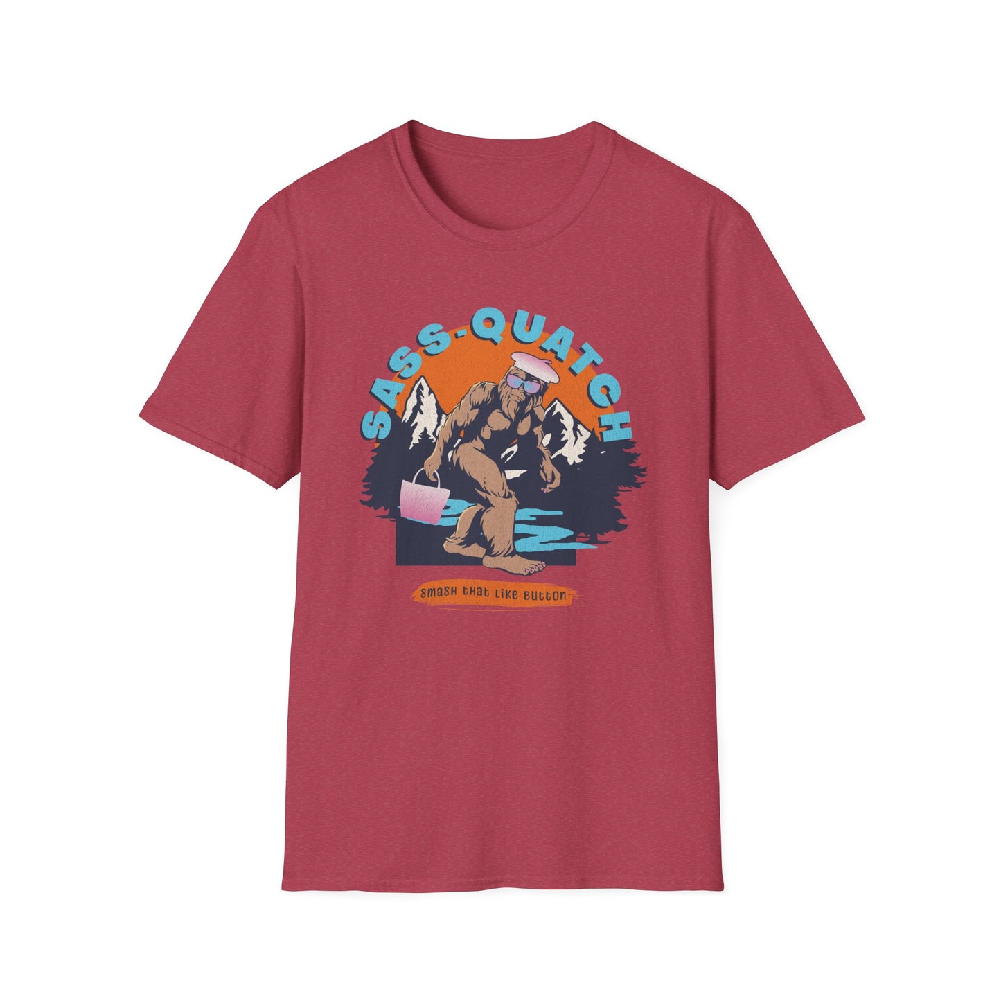 Heather red Sass-quatch graphic t-shirt showing a stylish Big Foot walking by a mountain stream.