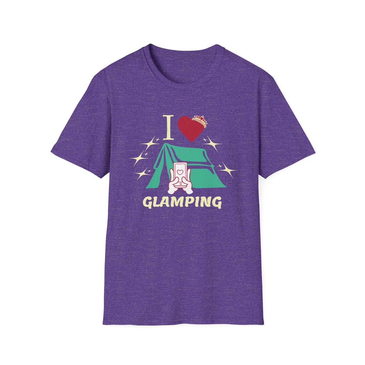 I Love Glamping graphic T-shirt with fancy script, a heart, sparkles, and a tent on a heather purple shirt.