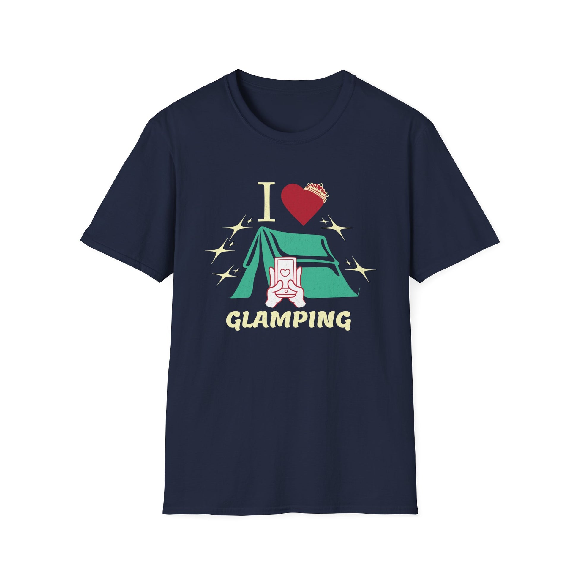 I Love Glamping graphic T-shirt with fancy script, a heart, sparkles, and a tent on a dark blue shirt.