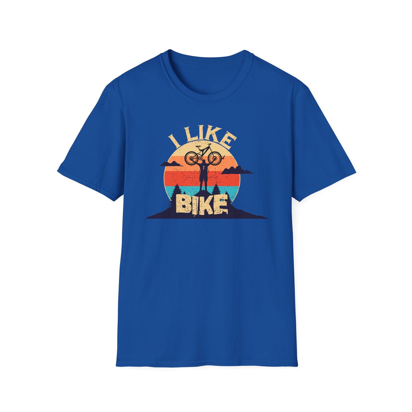 I like bike graphic t-shirt depicting a person holding a bike over their head on top of a hill with a retro sun in the background, shirt color royal blue.