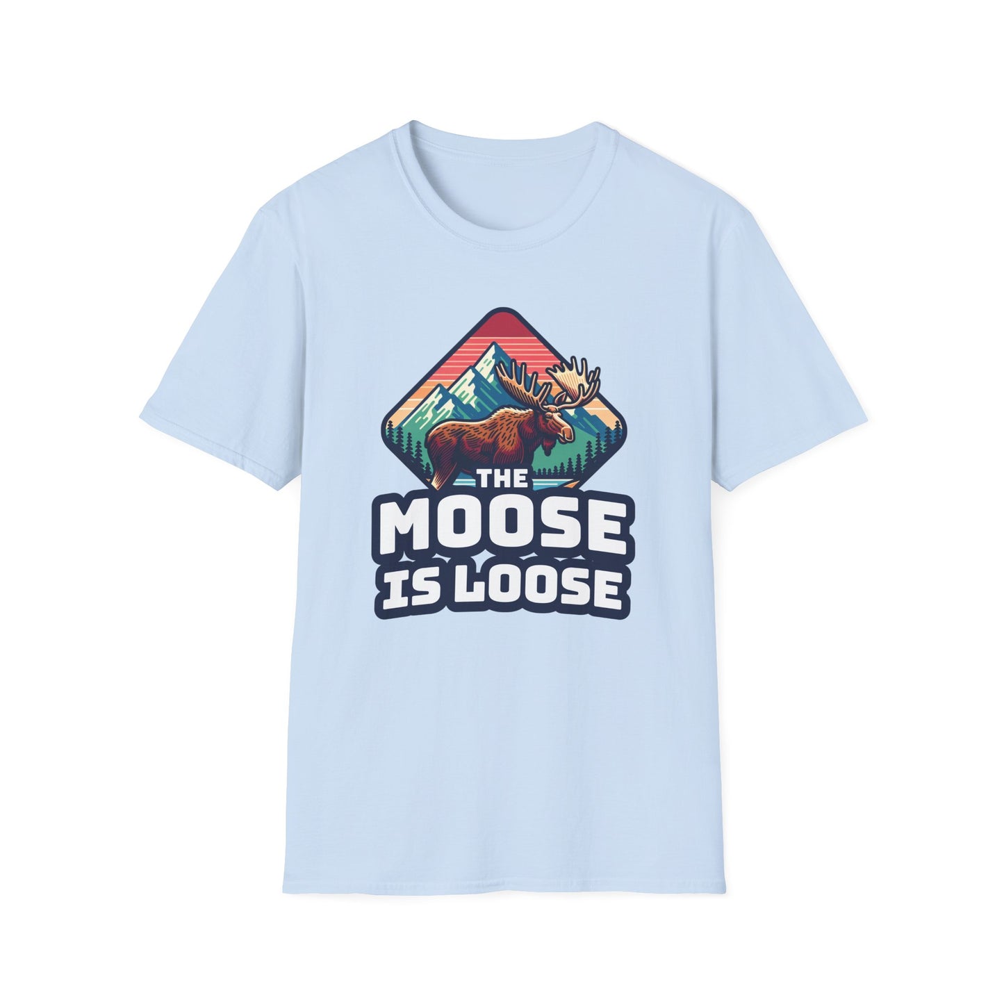 The Moose Is Loose graphic t-shirt in light blue.