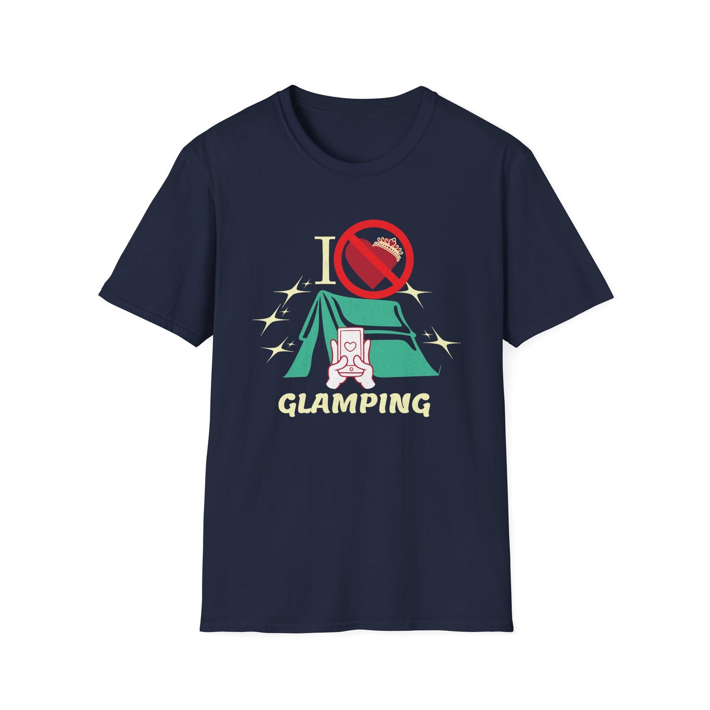 I Hate Glamping graphic T-shirt with fancy script, sparkles, and a tent on a dark blue shirt.