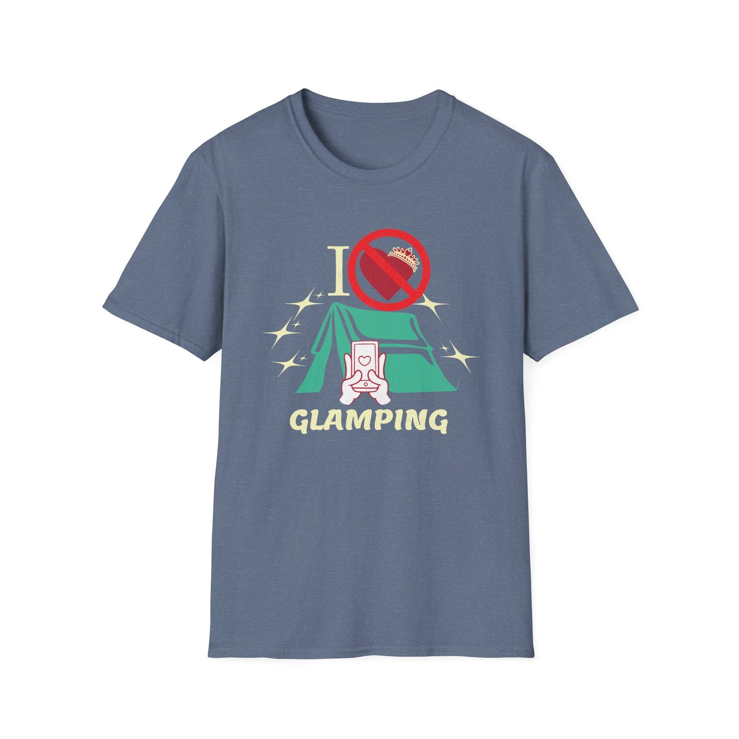 I Hate Glamping graphic T-shirt with fancy script, sparkles, and a tent on a grey shirt.