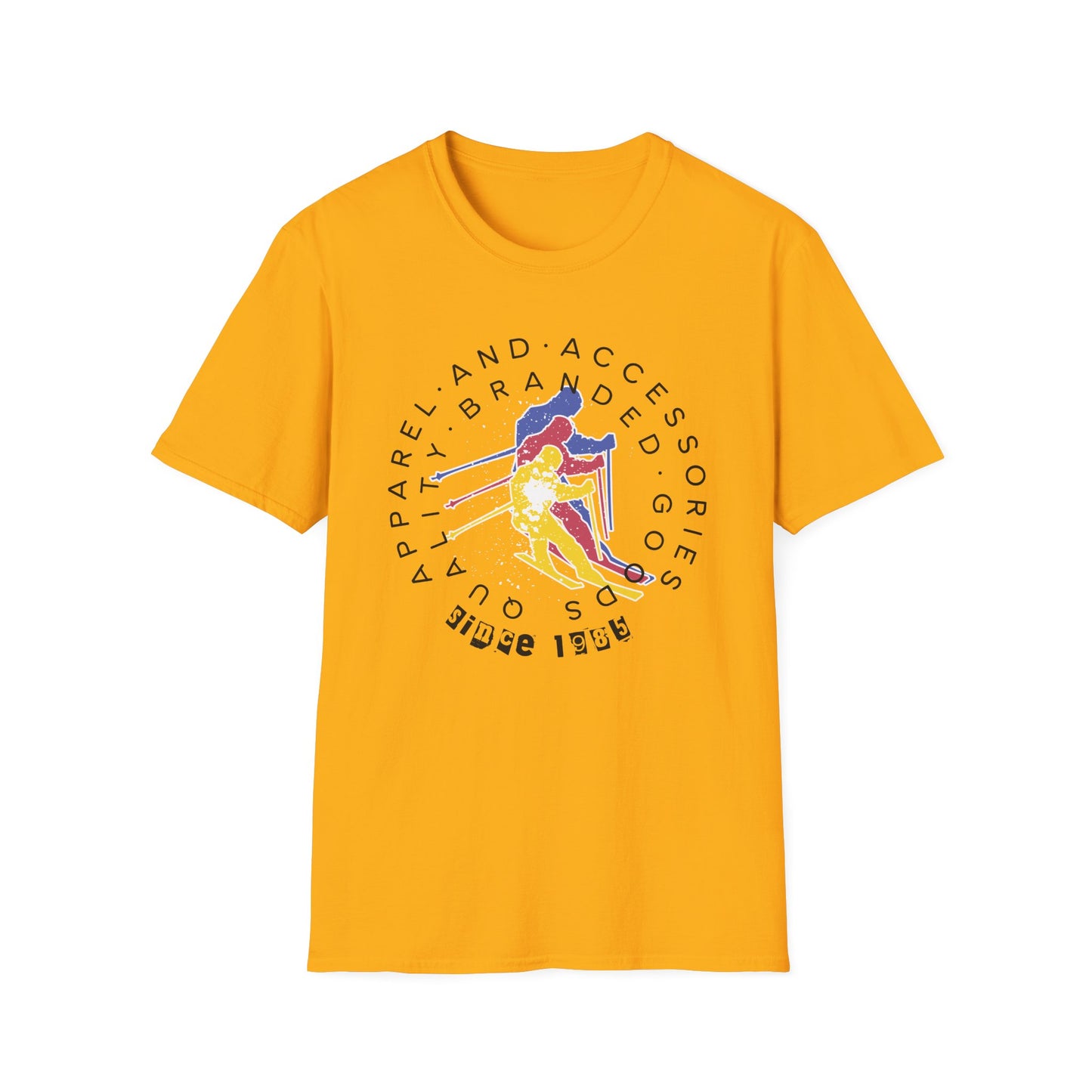 Yellow graphic t-shirt of '80s retro skier.