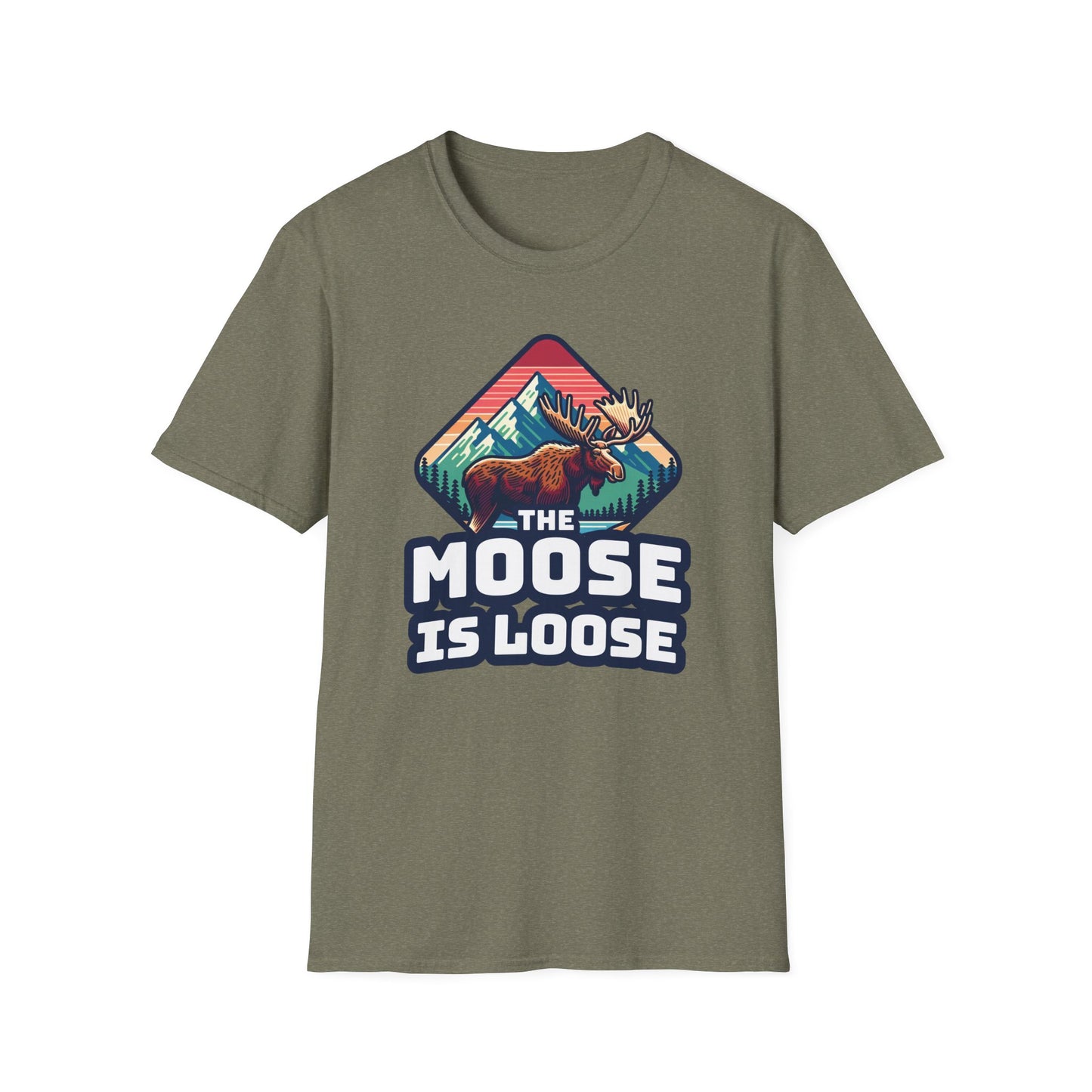 The Moose Is Loose graphic t-shirt in heather green.